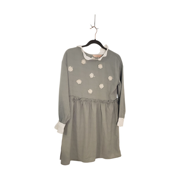 YOCO Dress Womens Small Sage Green Long Sleeve Ruffle Collar Floral Applique - Picture 2 of 16